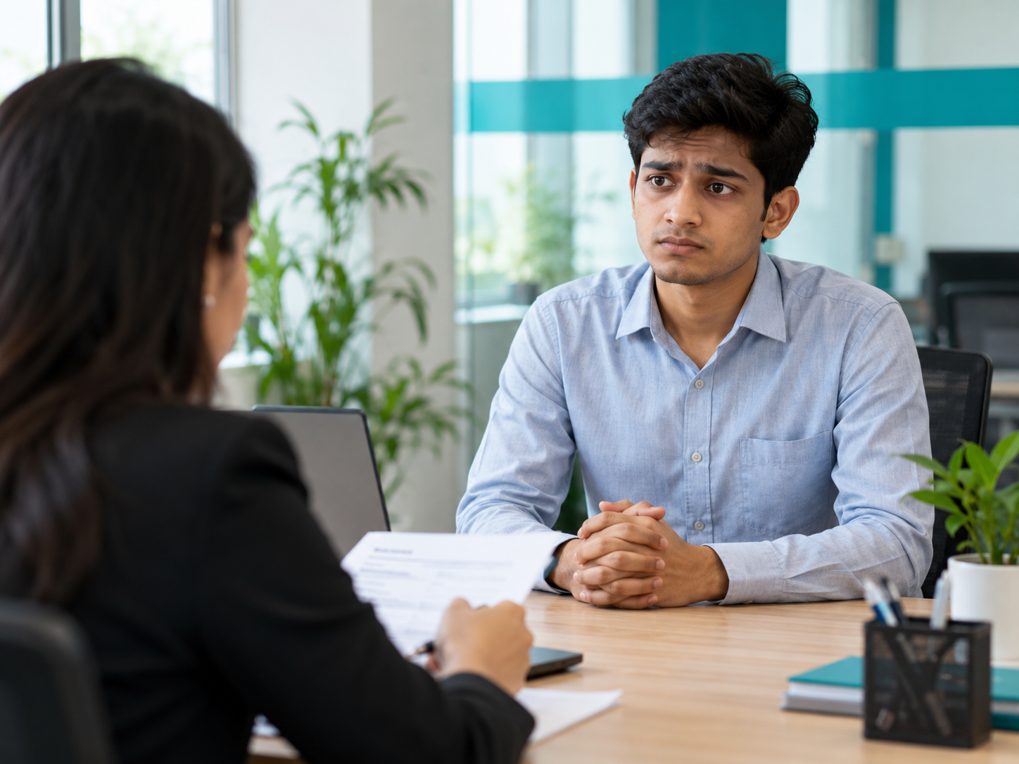 A young Indian job seeker feeling nervous in an interview room