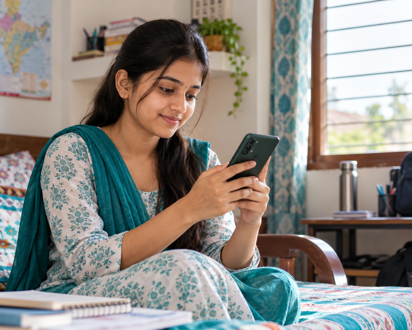 A young Indian learner reading an English eBook on a mobile phone at home
