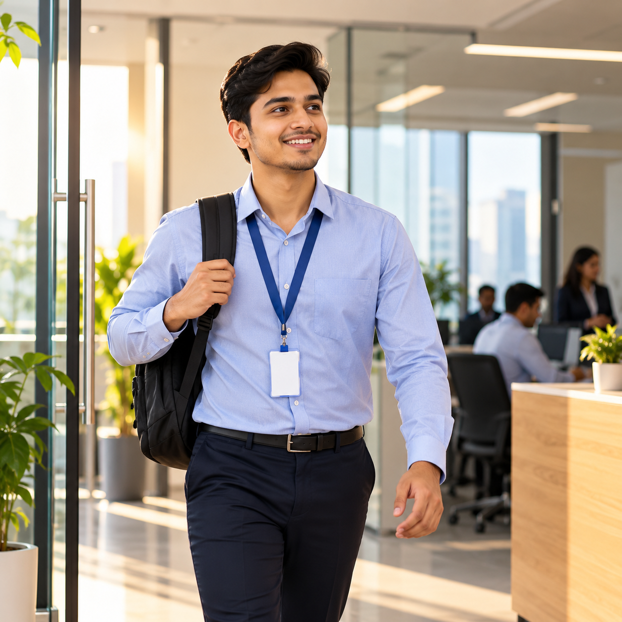 A confident young Indian fresher smiling and walking into an office