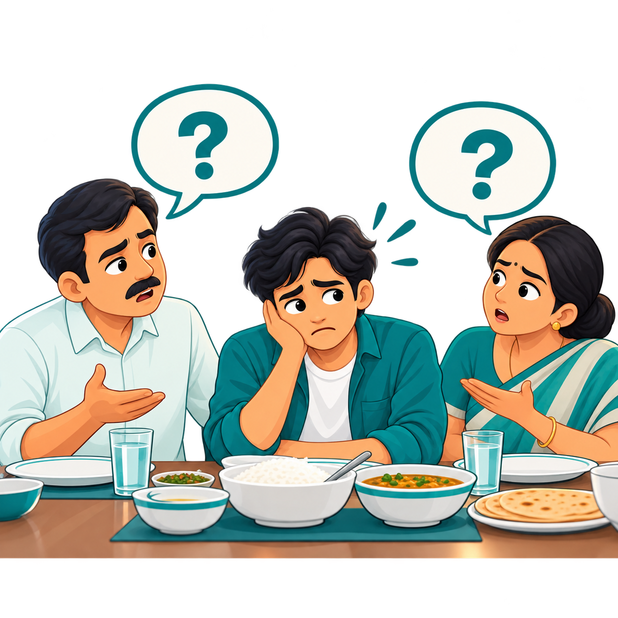 Illustration of family asking a young person about his job