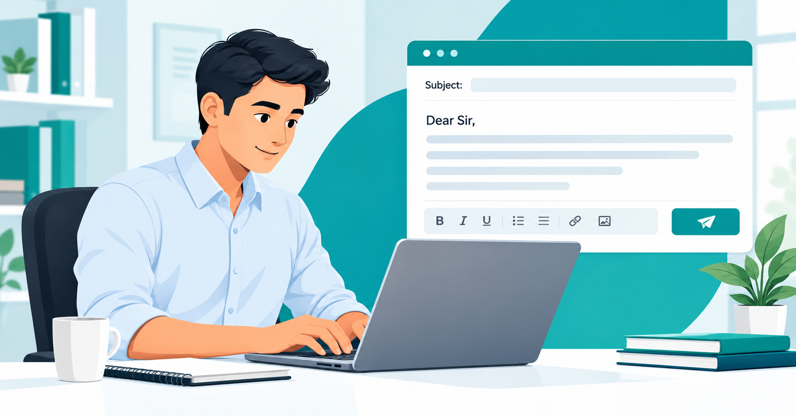 Email kaise likhe in English: office worker writing a formal email on a laptop
