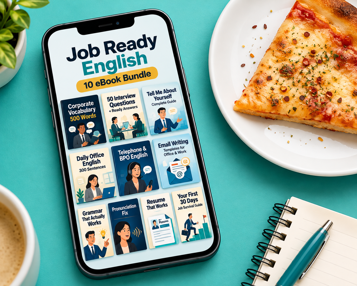 A phone showing the eBook bundle next to a pizza slice, showing the price is less than a pizza