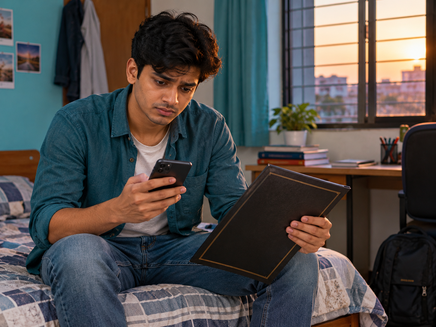 A worried graduate checking his phone for a job call